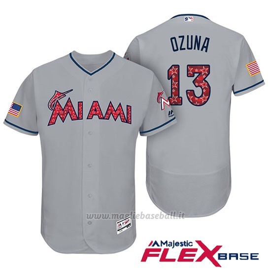 Maglia Baseball Uomo Miami Marlins 2017 Estrellas y Rayas Marchell Ozuna Grigio Flex Base